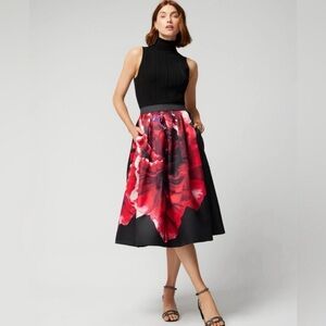 White House Black Market Black and Red Floral A-Line Skirt